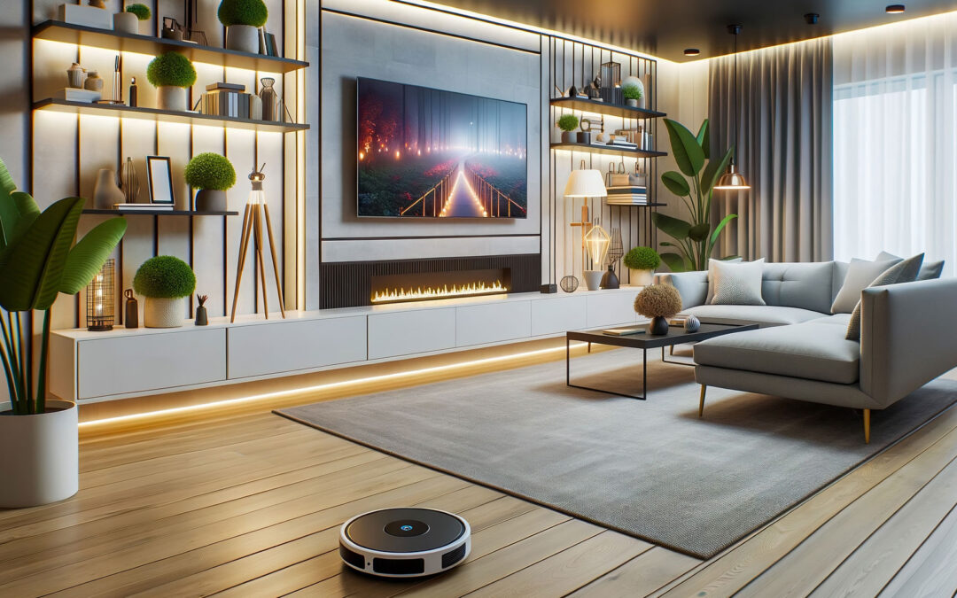 A stylish setting with a wall-mounted smart TV, voice-controlled lights, and a robotic vacuum.